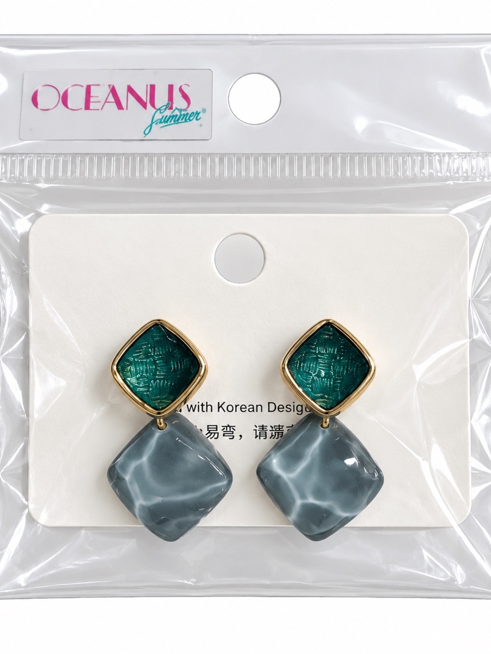 Oceanus Summer Green and Gray Gold-Trim Drop Earrings